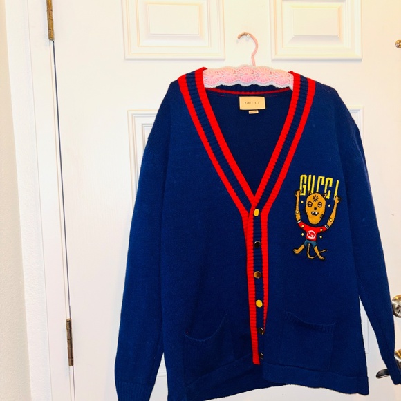 Vintage Authentic Gucci Alien Mascot Oversized Navy Blue Cardigan Mohair Cotton - Picture 8 of 12
